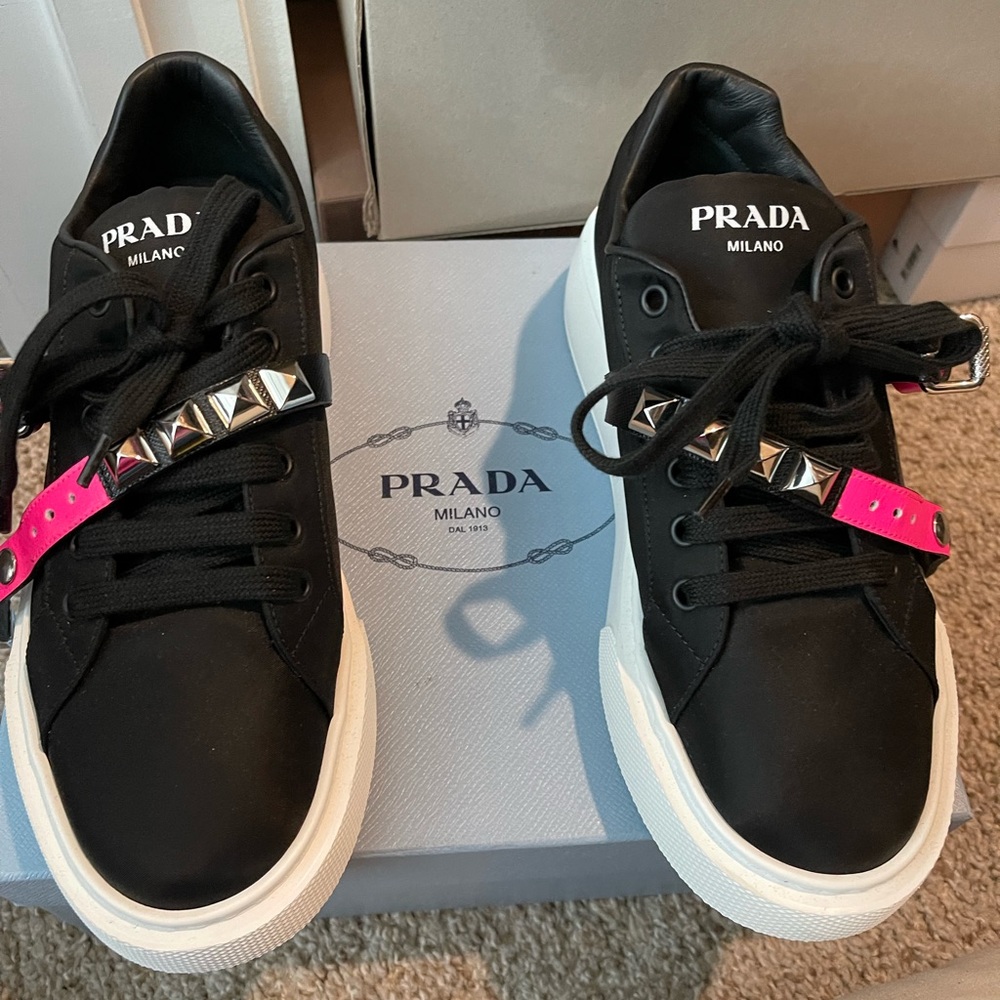 Prada Women Sneakers black with studded belt for sale